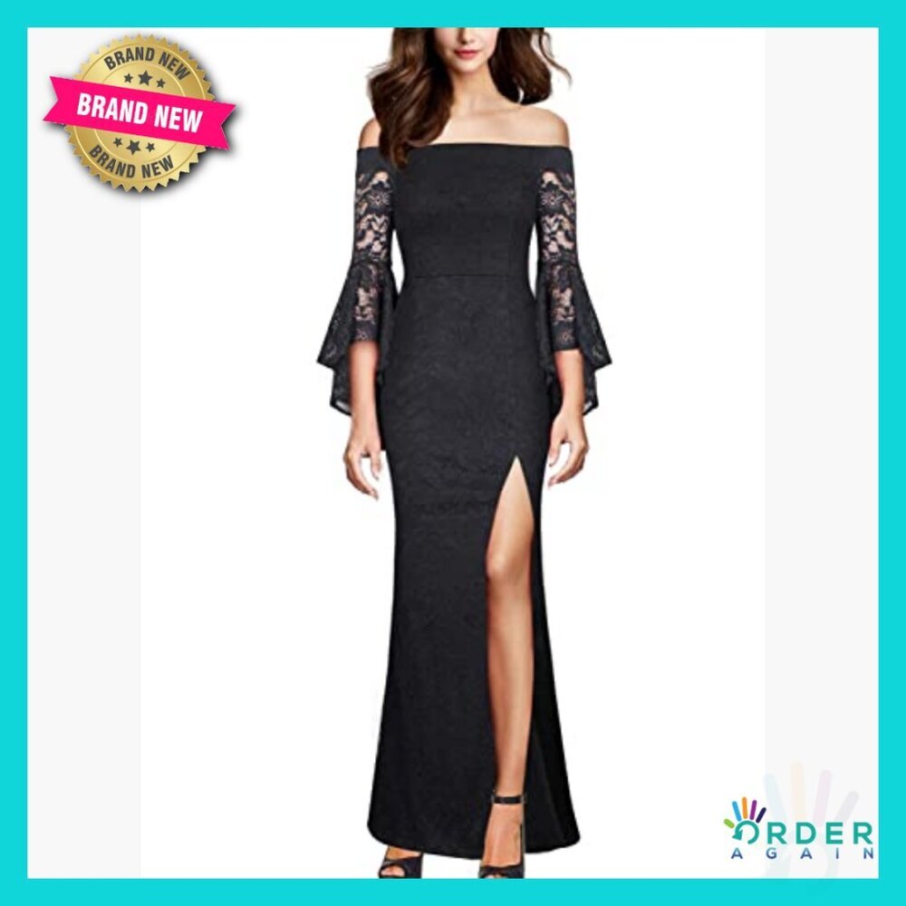 Off Shoulder Bell Sleeve Formal Maxi Dress Elegant Mermaid Silhouette Evening - Picture 2 of 7